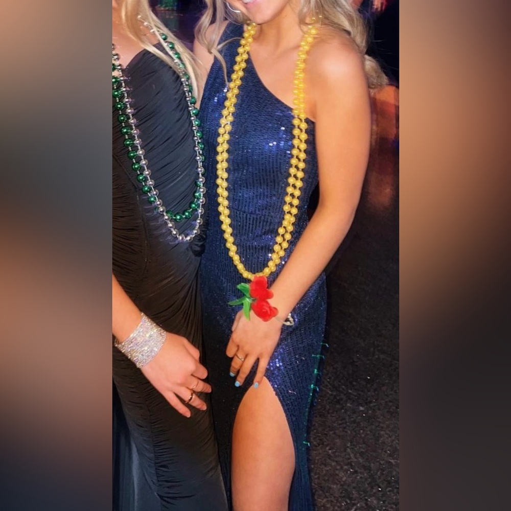 Navy Blue Sparkly One Shoulder Maxi